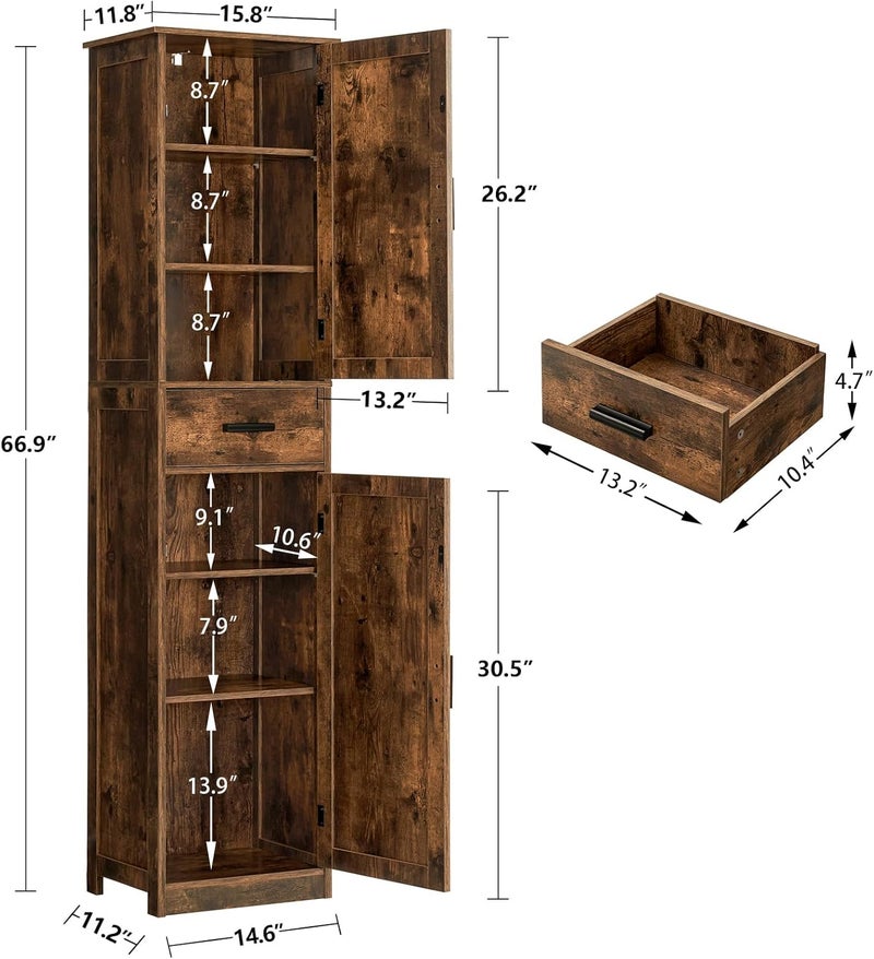 WEENFON Tall Bathroom Cabinet, Storage Cabinet with 6 Shelves & Drawer, Bathroom Storage Cabinet with Adjustable Shelves, Tall Cabinet for Living Room, Home Office, Rustic Brown - Image 2